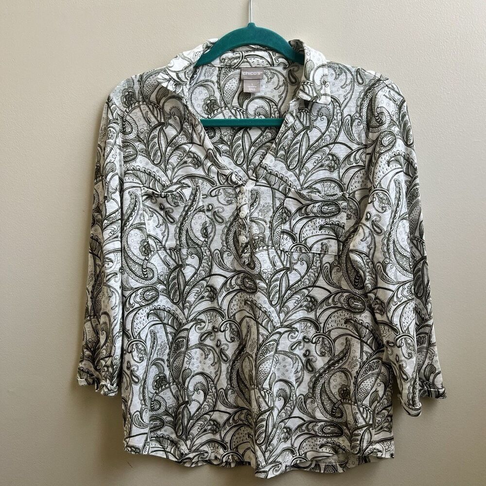 Chicos Top Womens 1 Regular Medium M Green Shirt Pullover Linen Paisley Tee
